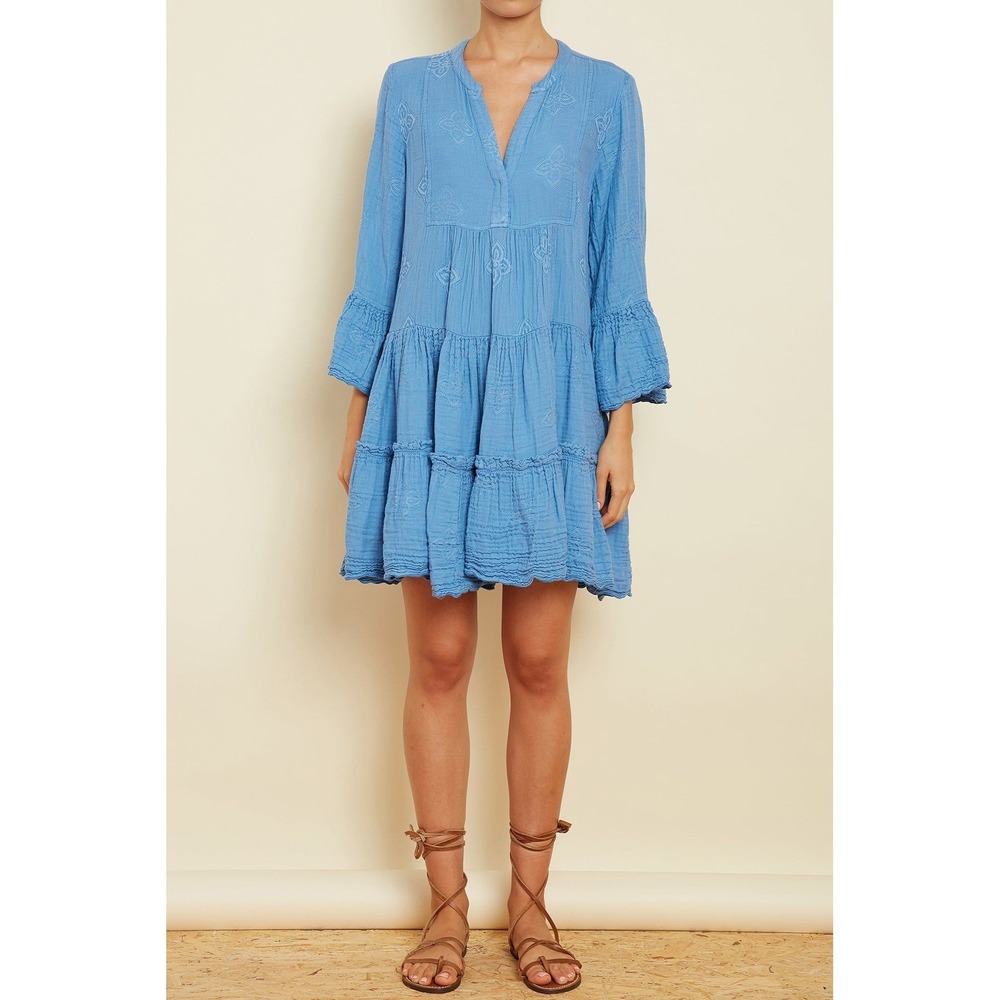 Pearl & Caviar Women's Blue Zakar Embroidered Silk Blend Tiered Mini Dress- S/M